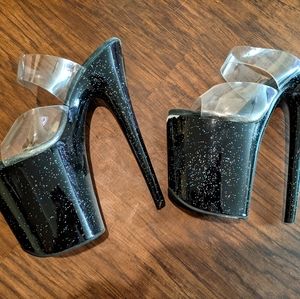 Pleaser 8 inch black holographic slip-on heels
